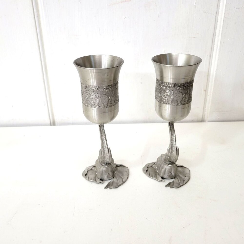 Elephant-Themed Pewter Wine Goblets Pair - Picture 9 of 11